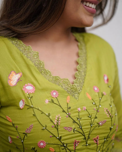 ZYFA Green Embroidered Cotton Anarkali Kurta Set with Dupatta for Women (Copy)