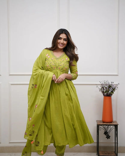 ZYFA Green Embroidered Cotton Anarkali Kurta Set with Dupatta for Women (Copy)