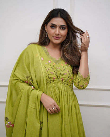 ZYFA Green Embroidered Cotton Anarkali Kurta Set with Dupatta for Women (Copy)