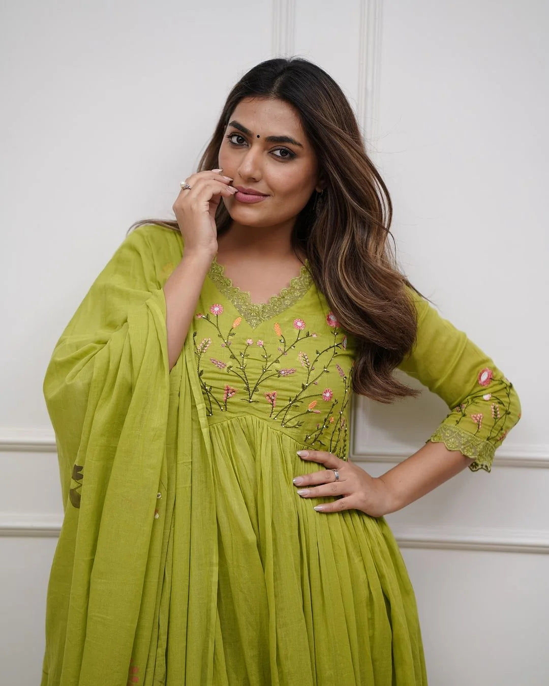 ZYFA Green Embroidered Cotton Anarkali Kurta Set with Dupatta for Women (Copy)