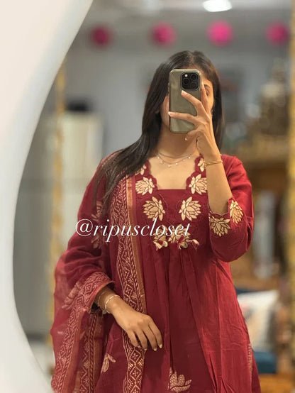 ZYFA Maroon Floral Embroidered Cotton Kurta Set with Dupatta for Women (Copy)