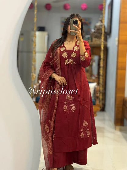 ZYFA Maroon Floral Embroidered Cotton Kurta Set with Dupatta for Women (Copy)