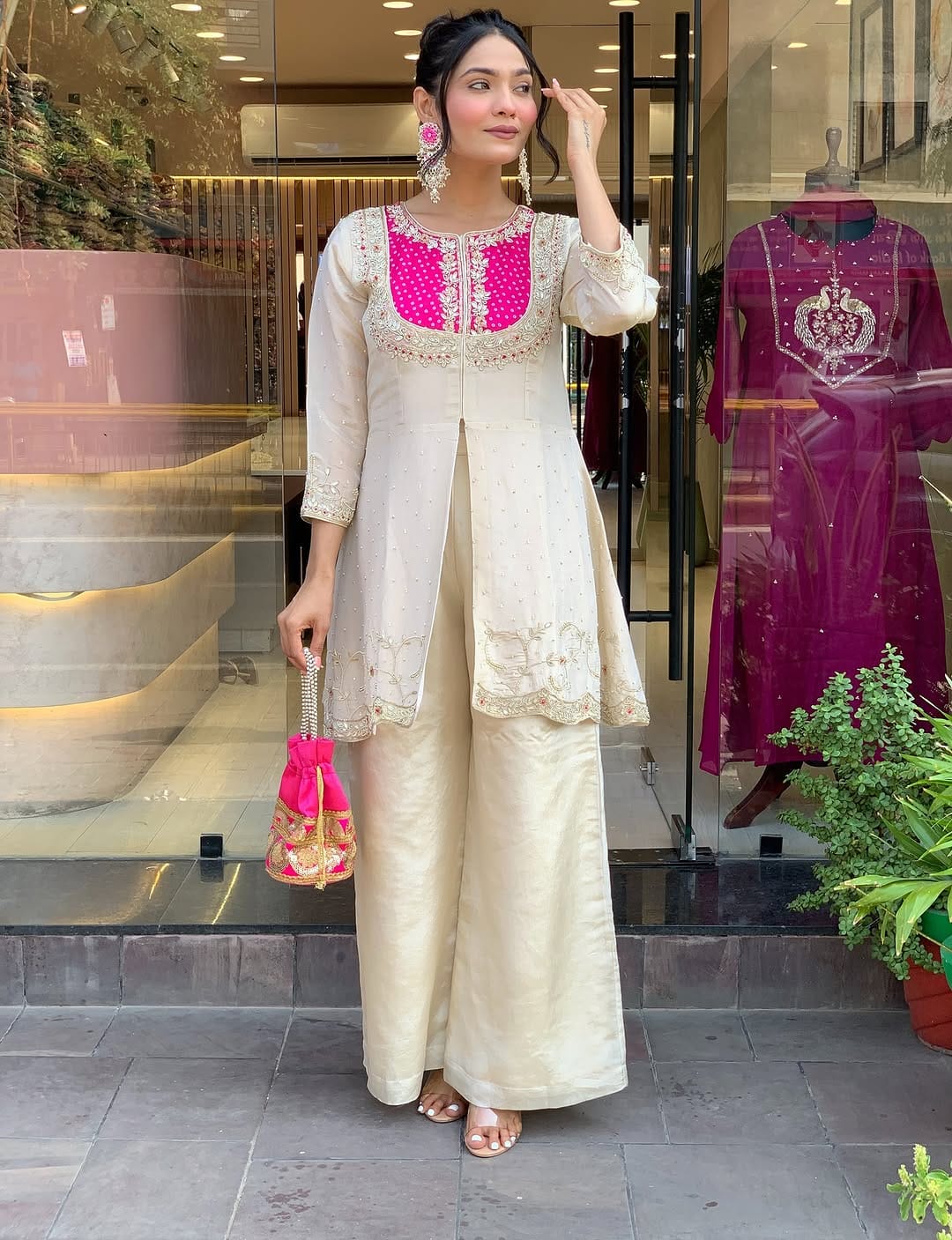 ZYFA Elegant Ivory Pink Embroidered Kurta Set with Palazzo Pants for Women