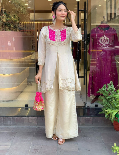 ZYFA Elegant Ivory Pink Embroidered Kurta Set with Palazzo Pants for Women