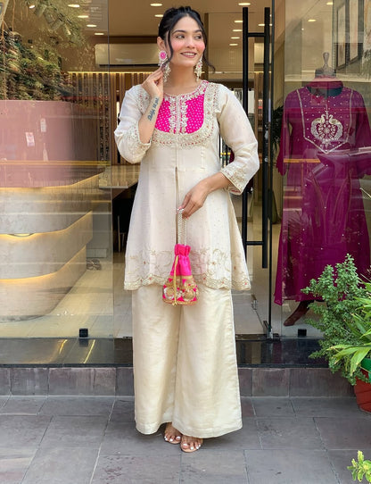 ZYFA Elegant Ivory Pink Embroidered Kurta Set with Palazzo Pants for Women