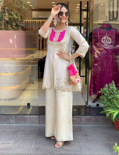 ZYFA Elegant Ivory Pink Embroidered Kurta Set with Palazzo Pants for Women