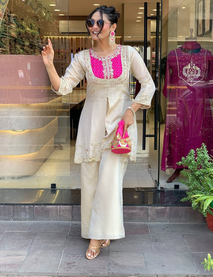 ZYFA Elegant Ivory Pink Embroidered Kurta Set with Palazzo Pants for Women