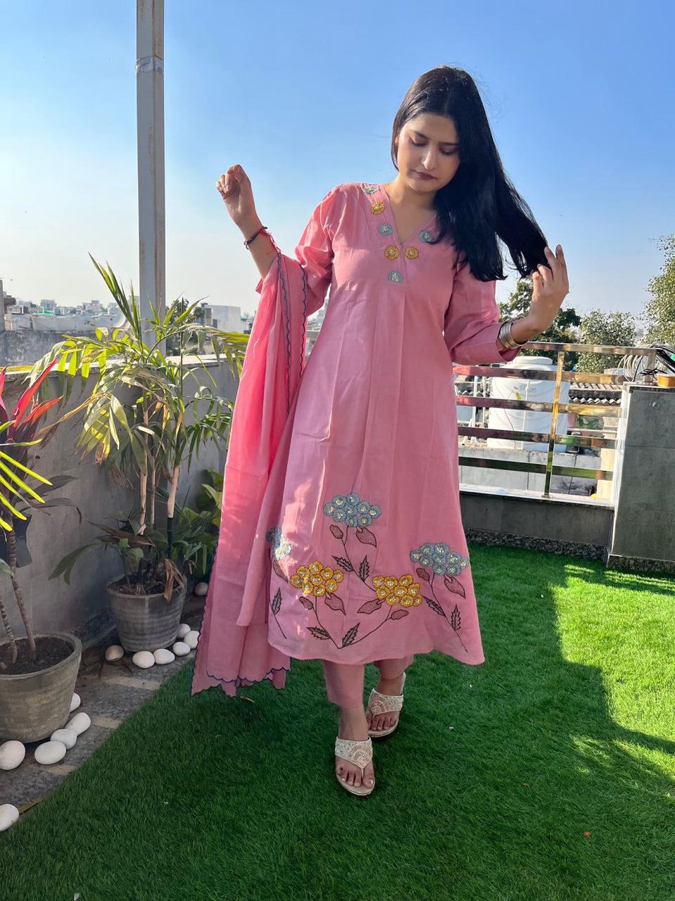 ZYFA Dreamy Elegance – A-Line Cotton Kurta Set with Malmal Dupatta for Women
