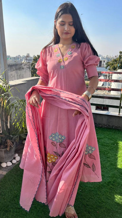 ZYFA Dreamy Elegance – A-Line Cotton Kurta Set with Malmal Dupatta for Women