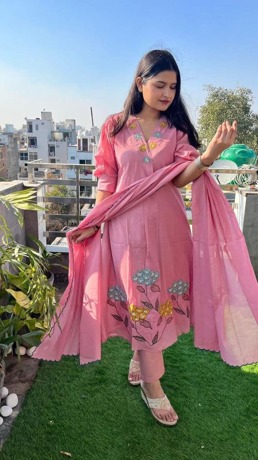 ZYFA Dreamy Elegance – A-Line Cotton Kurta Set with Malmal Dupatta for Women