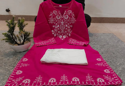 ZYFA Pink Embroidered Cotton Kurta Set with Palazzo Pants for Women
