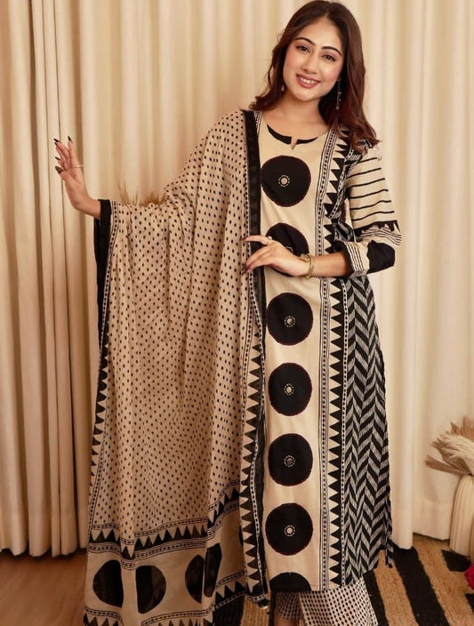 Beige & Black Geometric Print Kurta Set with Dupatta for Women | ZYFA