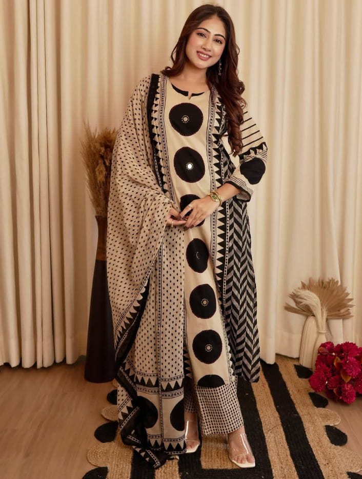 Beige & Black Geometric Print Kurta Set with Dupatta for Women | ZYFA