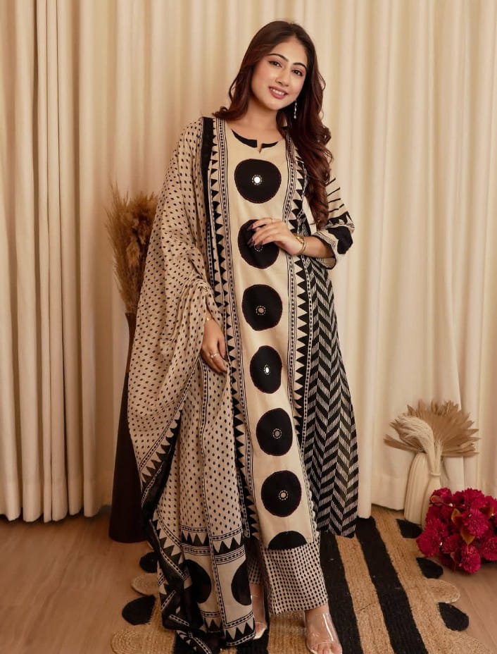 Beige & Black Geometric Print Kurta Set with Dupatta for Women | ZYFA