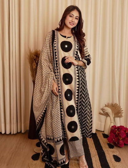 Beige & Black Geometric Print Kurta Set with Dupatta for Women | ZYFA
