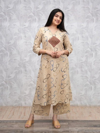 Beige Spectacle Print Ethnic Co-Ord Set for Women | ZYFA