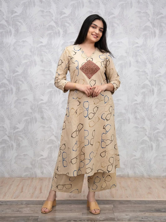 Beige Spectacle Print Ethnic Co-Ord Set for Women | ZYFA