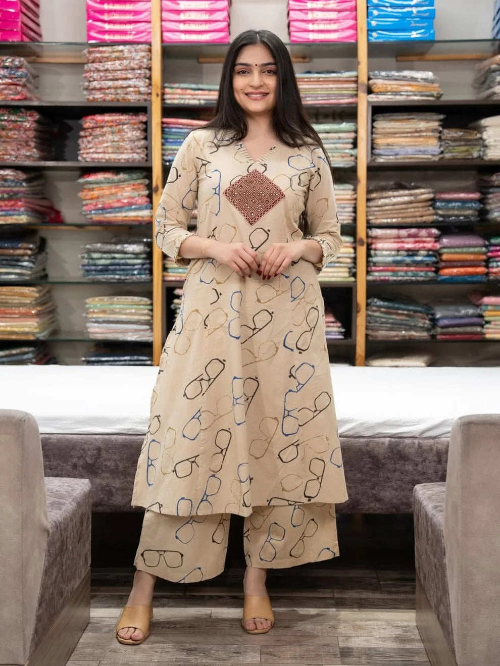 Beige Spectacle Print Ethnic Co-Ord Set for Women | ZYFA