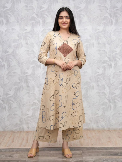 Beige Spectacle Print Ethnic Co-Ord Set for Women | ZYFA