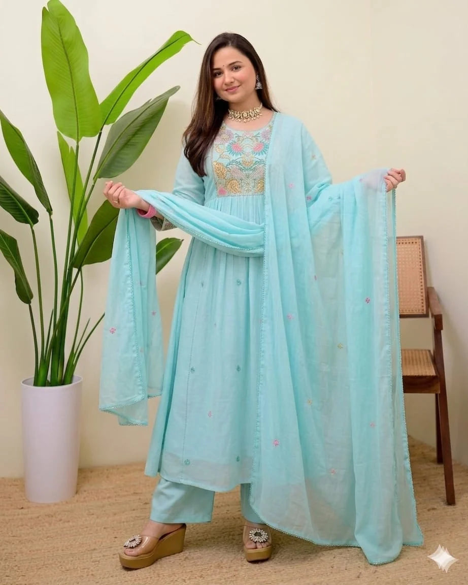 Zyfa Aqua Blue Embroidered Anarkali Kurta Set with Dupatta