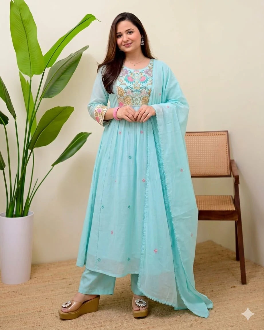 Zyfa Aqua Blue Embroidered Anarkali Kurta Set with Dupatta