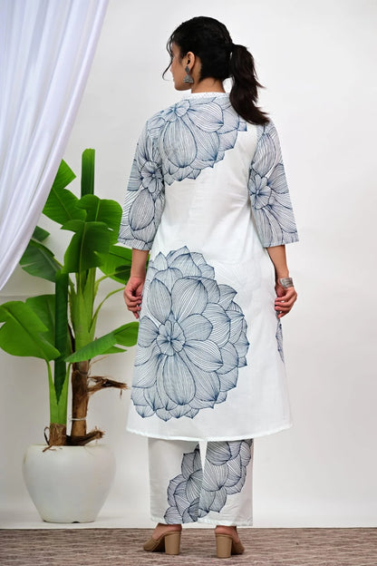 ZYFA White Floral Printed Cotton Kurta Pant Set for Women