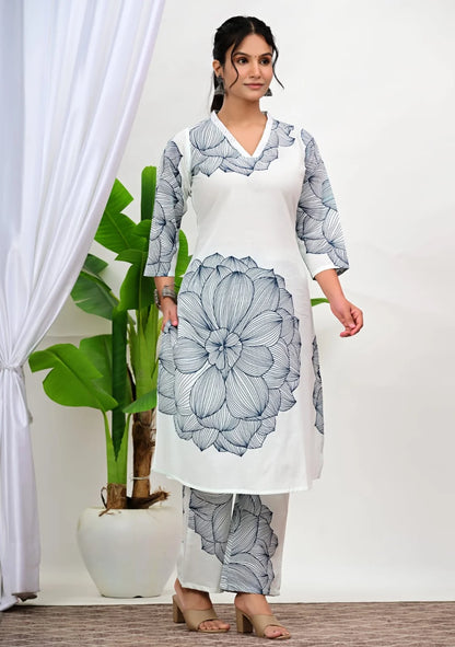 ZYFA White Floral Printed Cotton Kurta Pant Set for Women