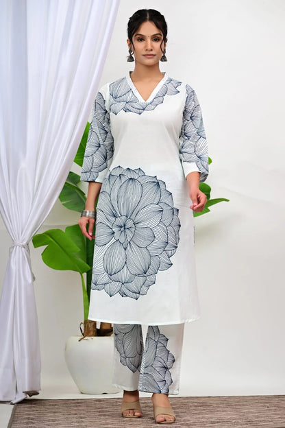 ZYFA White Floral Printed Cotton Kurta Pant Set for Women
