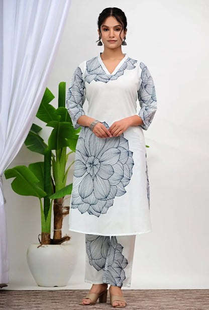 ZYFA White Floral Printed Cotton Kurta Pant Set for Women