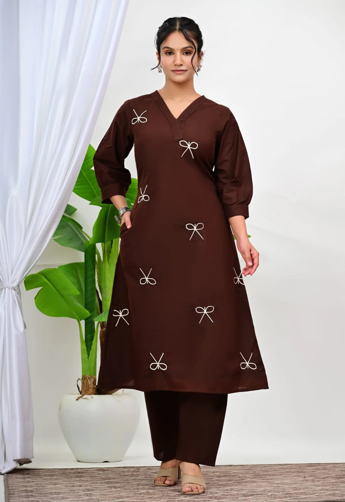 ZYFA Chocolate Brown Bow Embroidered Kurti Palazzo Co-Ord Set for Women