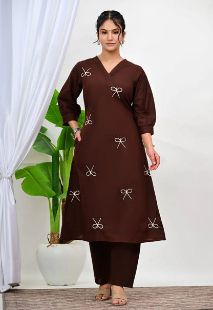 ZYFA Chocolate Brown Bow Embroidered Kurti Palazzo Co-Ord Set for Women