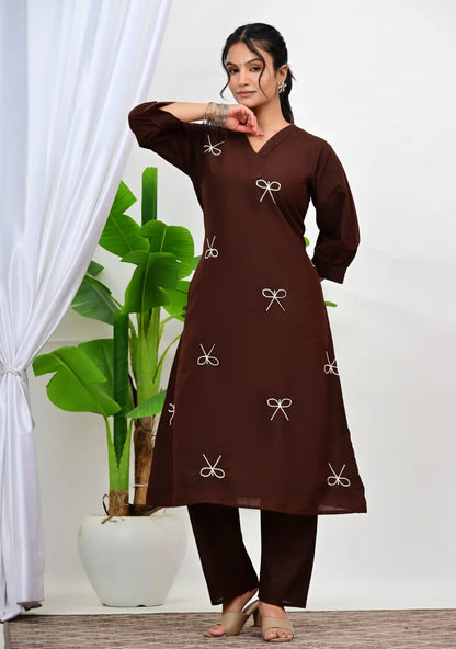 ZYFA Chocolate Brown Bow Embroidered Kurti Palazzo Co-Ord Set for Women