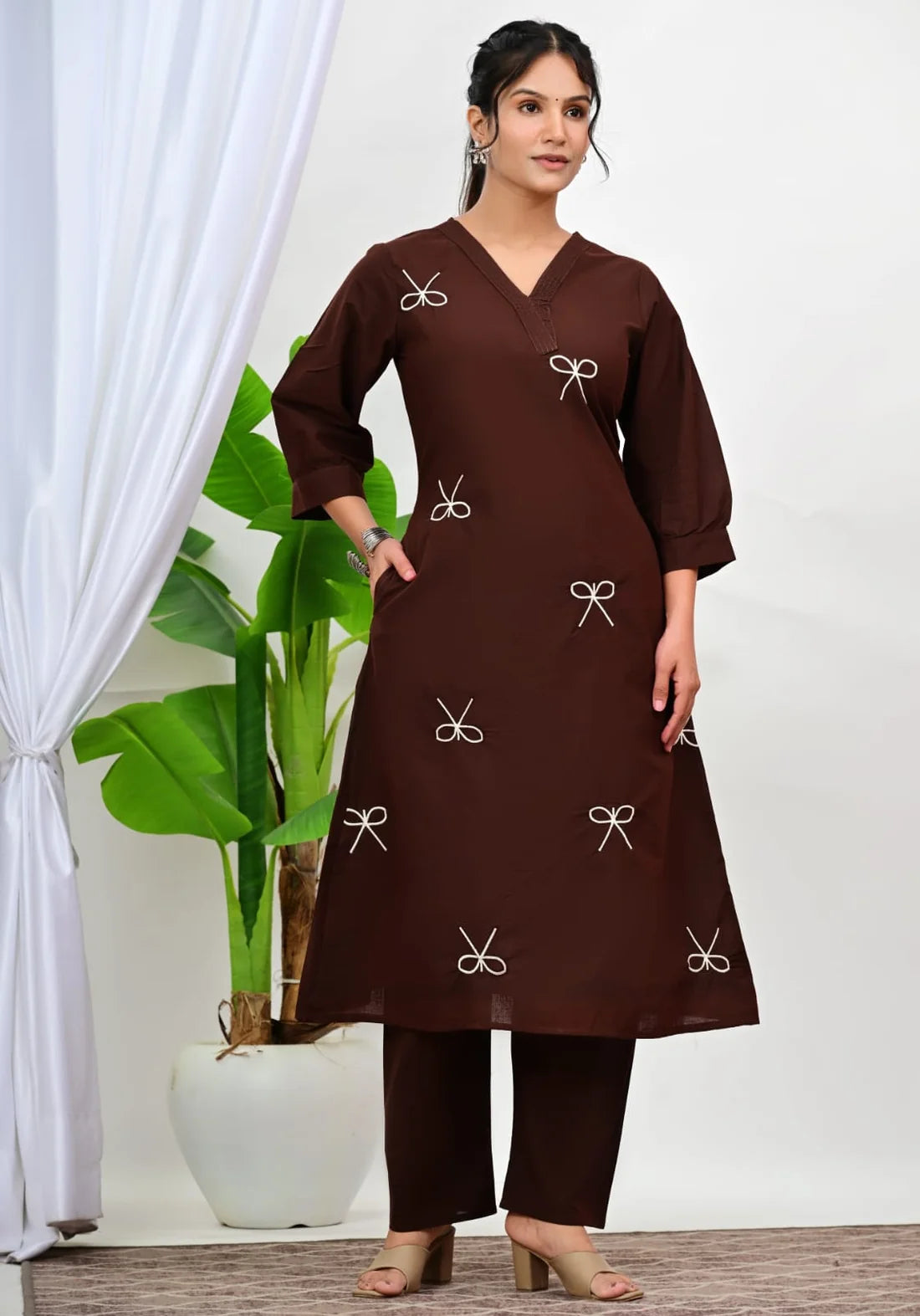 ZYFA Chocolate Brown Bow Embroidered Kurti Palazzo Co-Ord Set for Women