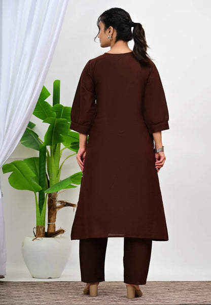 ZYFA Chocolate Brown Bow Embroidered Kurti Palazzo Co-Ord Set for Women