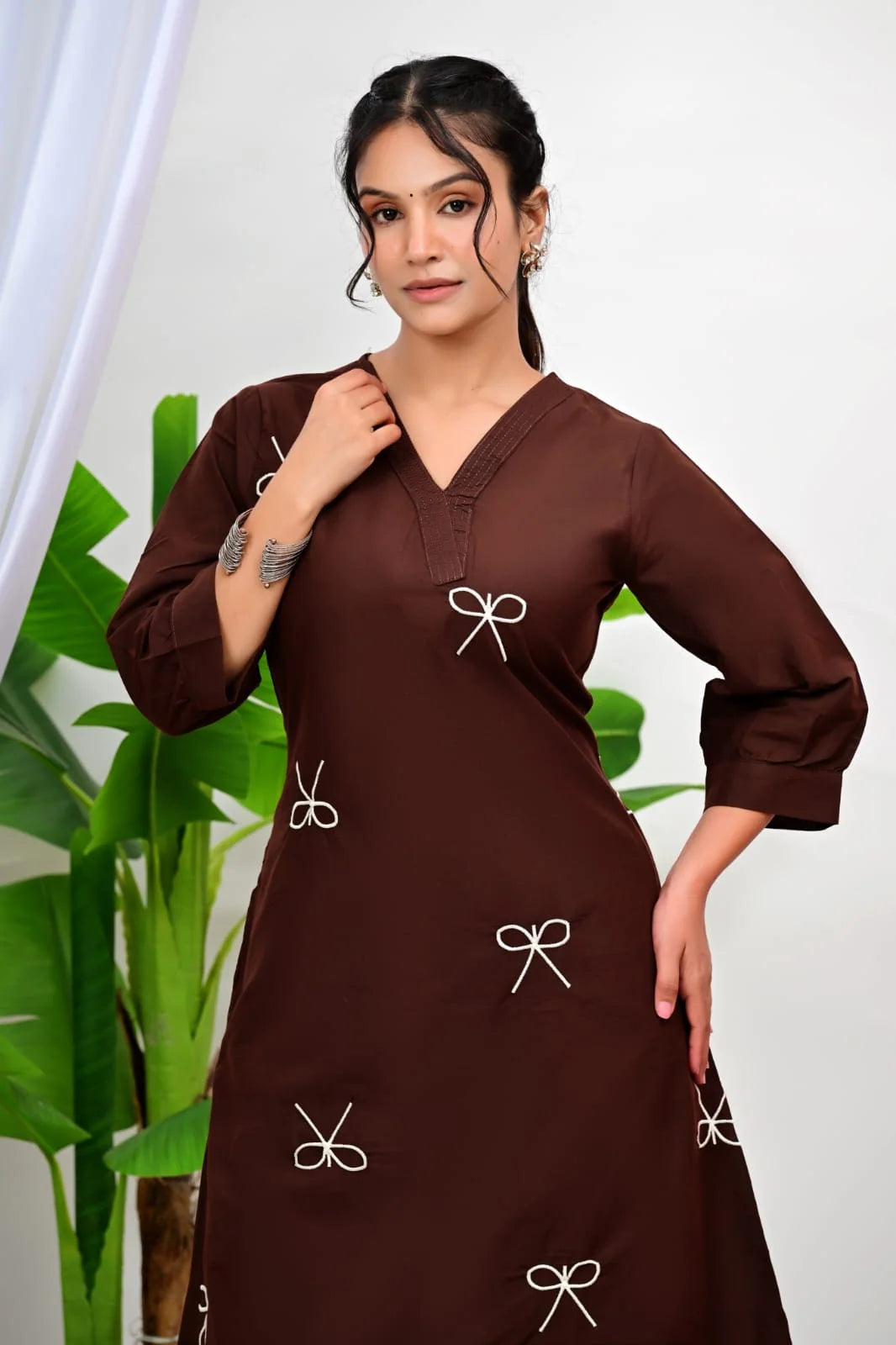 ZYFA Chocolate Brown Bow Embroidered Kurti Palazzo Co-Ord Set for Women