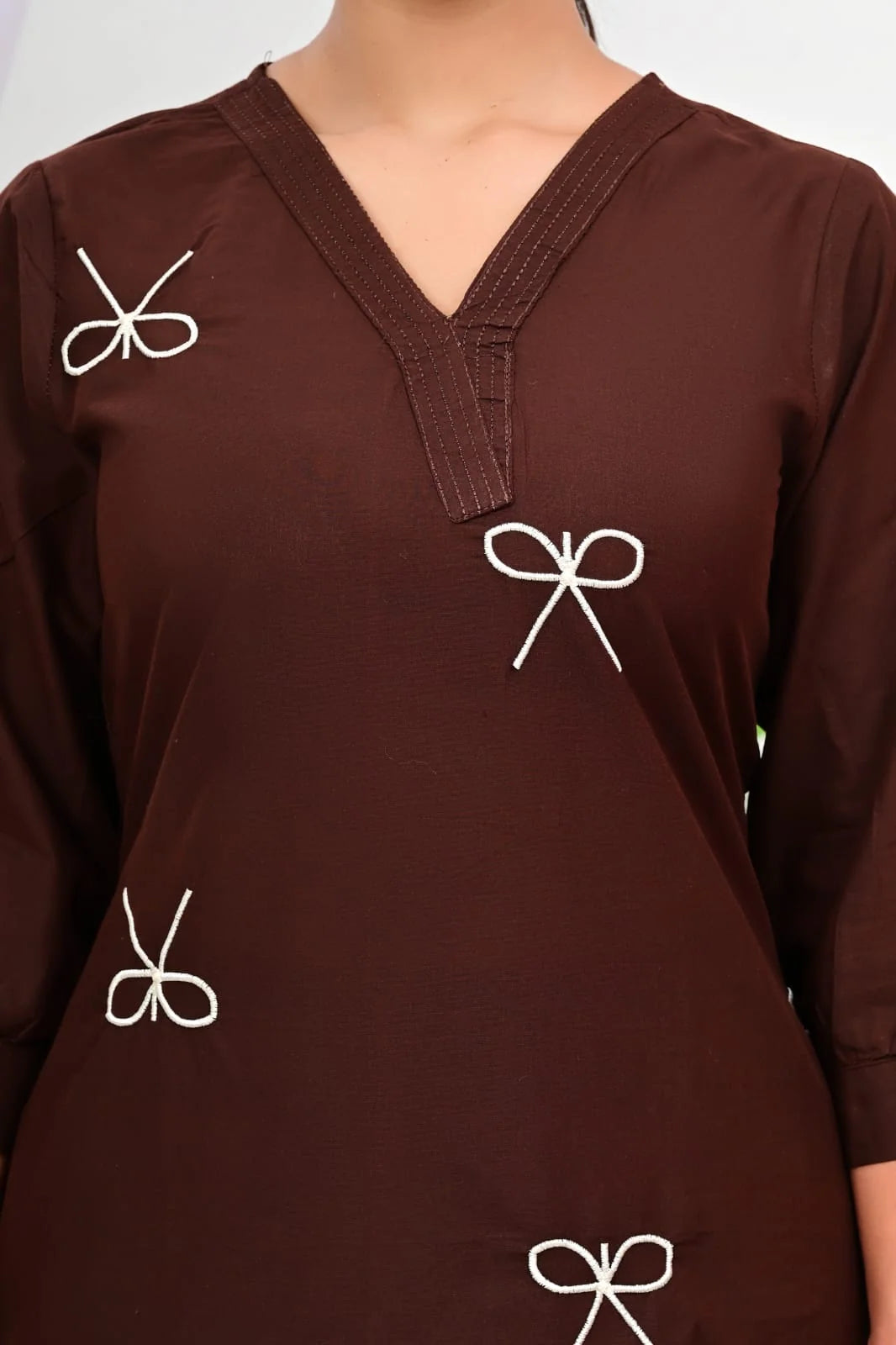 ZYFA Chocolate Brown Bow Embroidered Kurti Palazzo Co-Ord Set for Women