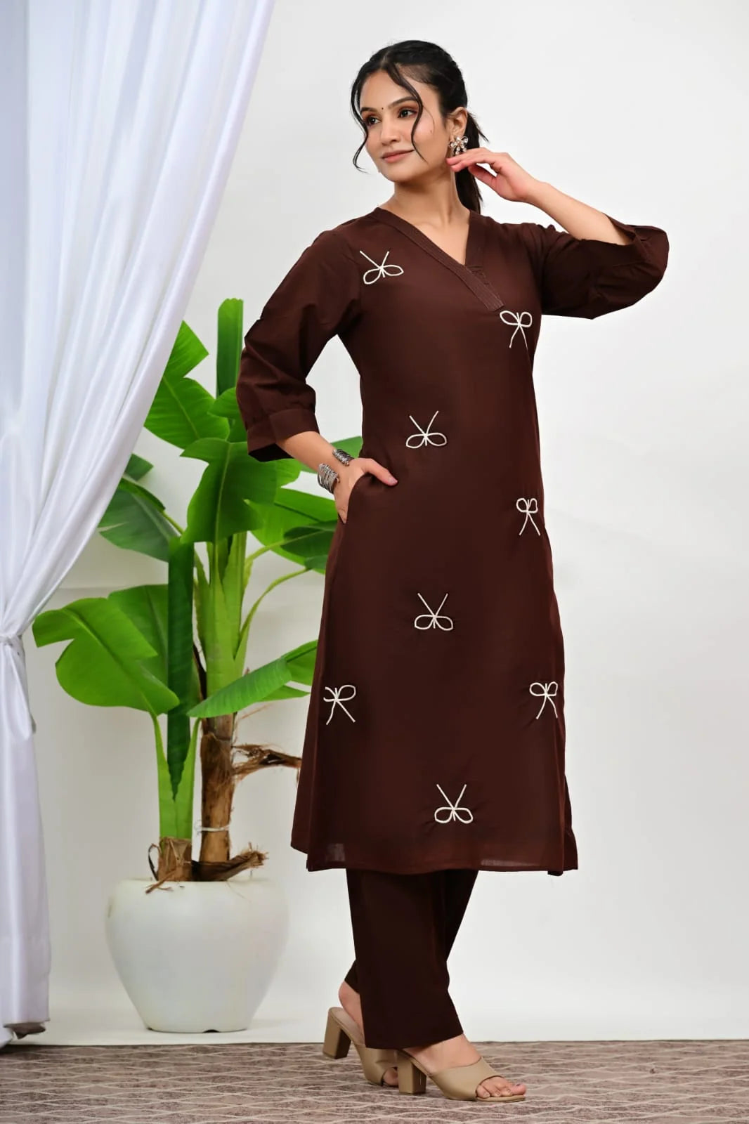 ZYFA Chocolate Brown Bow Embroidered Kurti Palazzo Co-Ord Set for Women