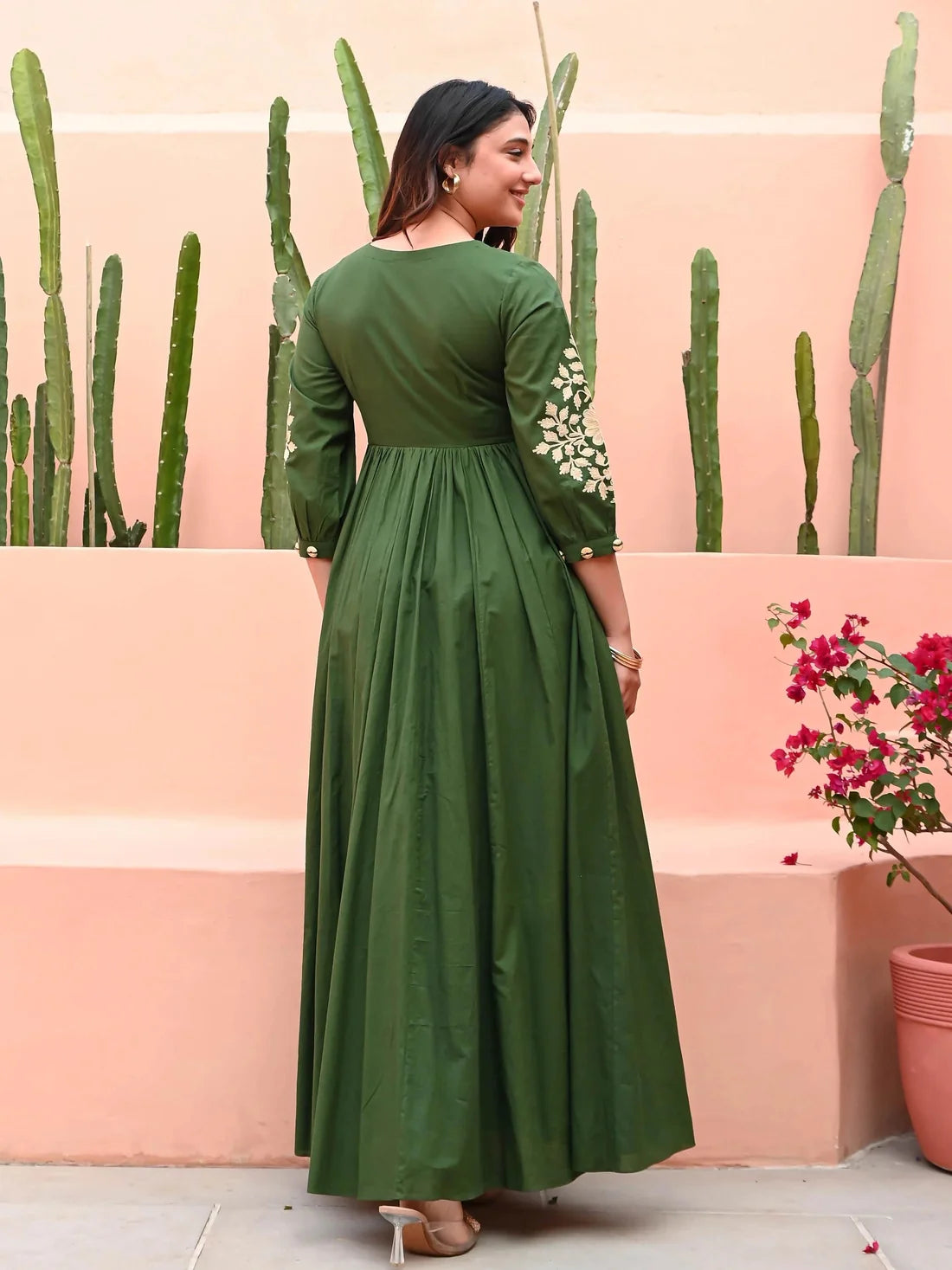 ZYFA Forest Green Floral Embroidered Anarkali Gown for Women