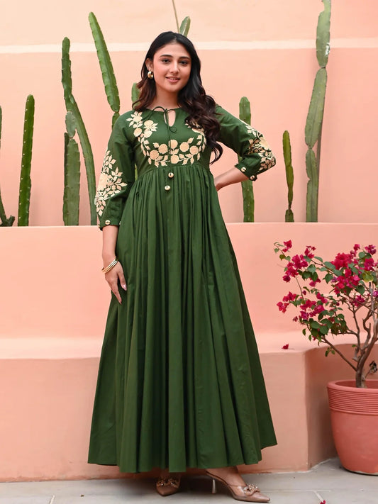 ZYFA Forest Green Floral Embroidered Anarkali Gown for Women