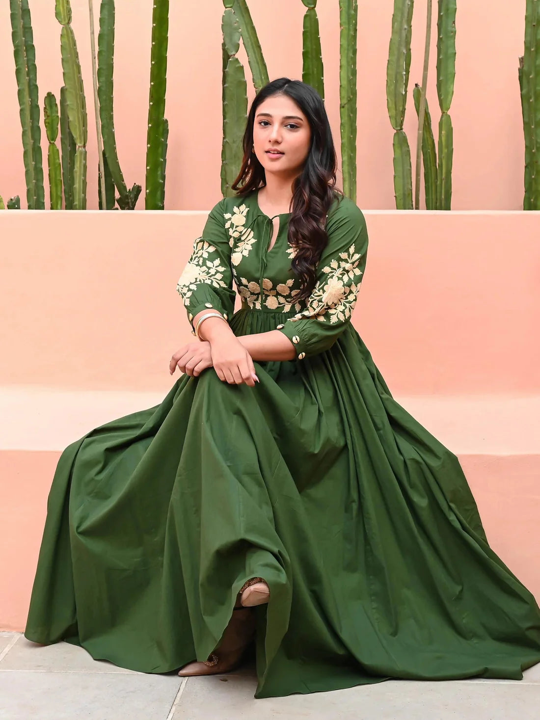 ZYFA Forest Green Floral Embroidered Anarkali Gown for Women