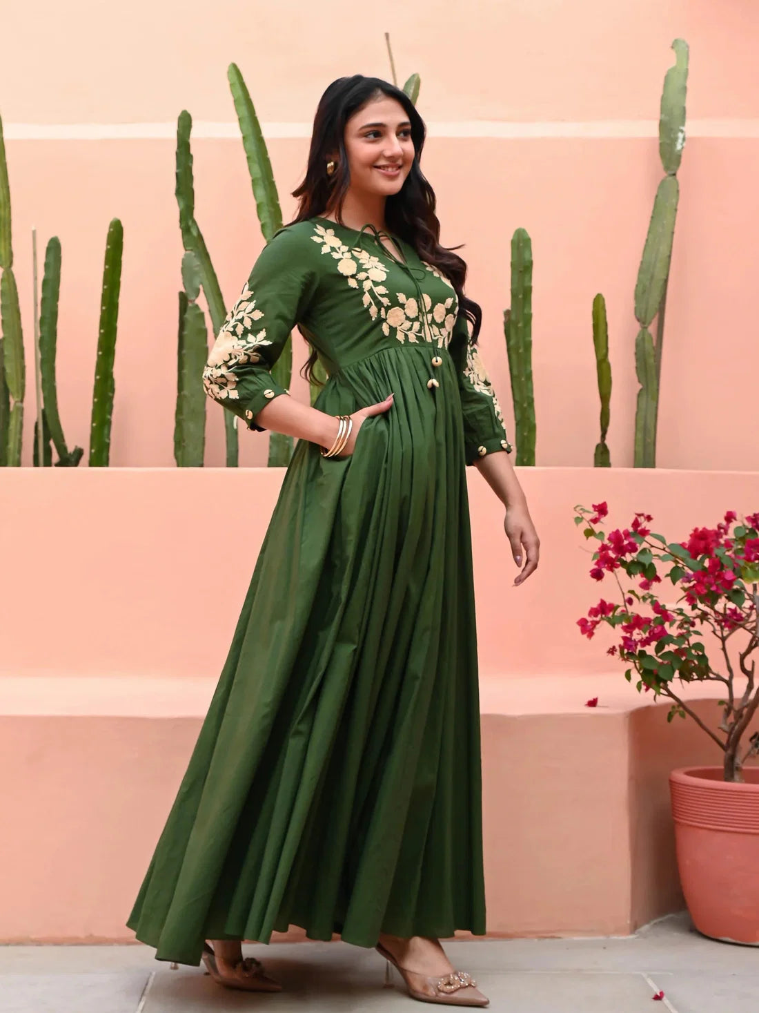 ZYFA Forest Green Floral Embroidered Anarkali Gown for Women