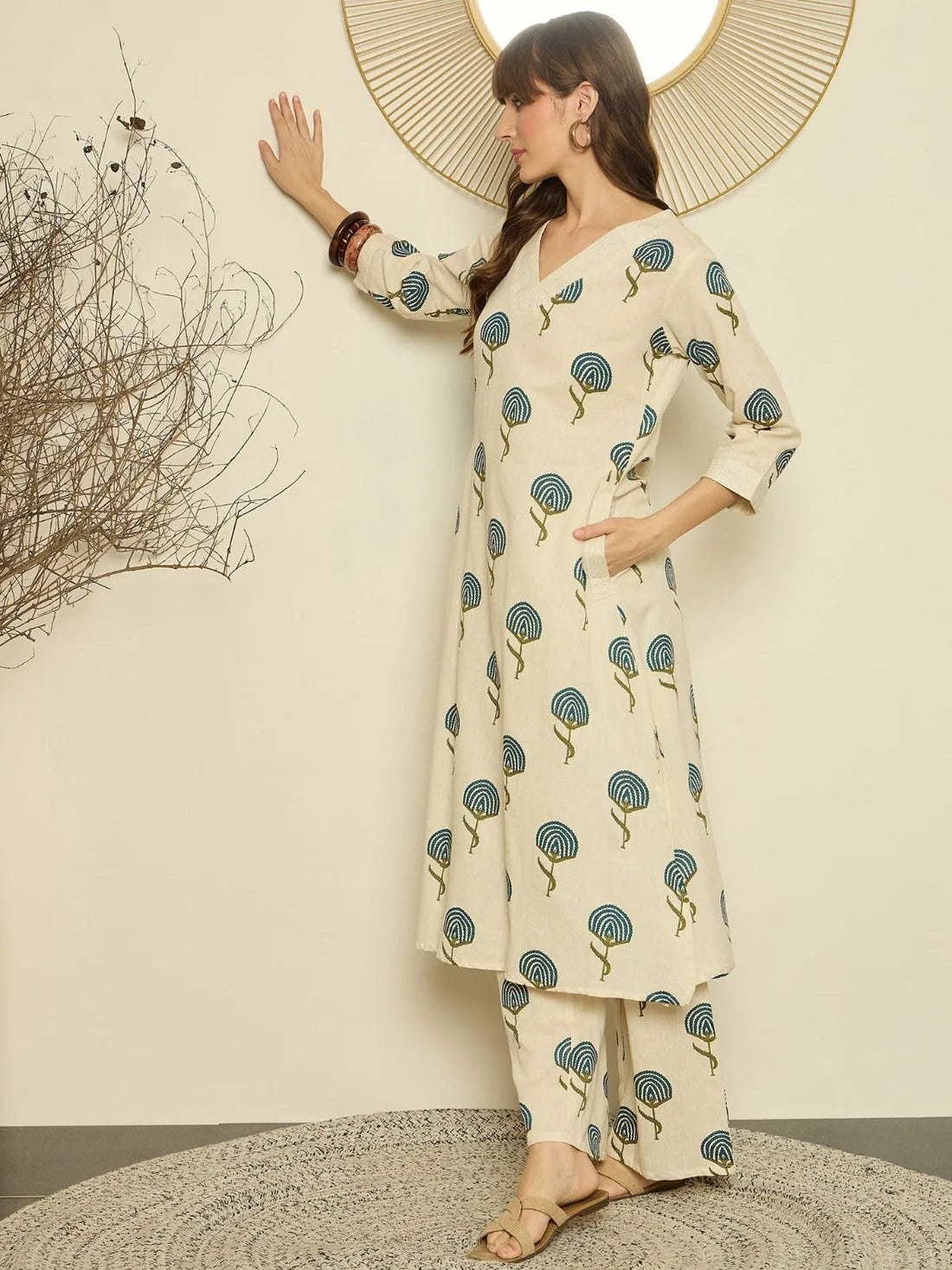 ZYFA Cream Cotton Teal Botanical Print Co-Ord Set for Women