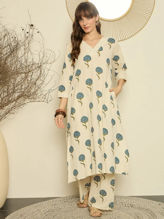 ZYFA Cream Cotton Teal Botanical Print Co-Ord Set for Women