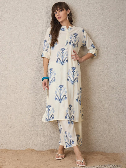 ZYFA Straight Fit Cream Cotton Kurta Pant Set for Women