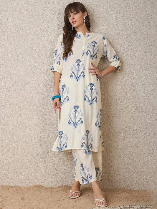 ZYFA Straight Fit Cream Cotton Kurta Pant Set for Women