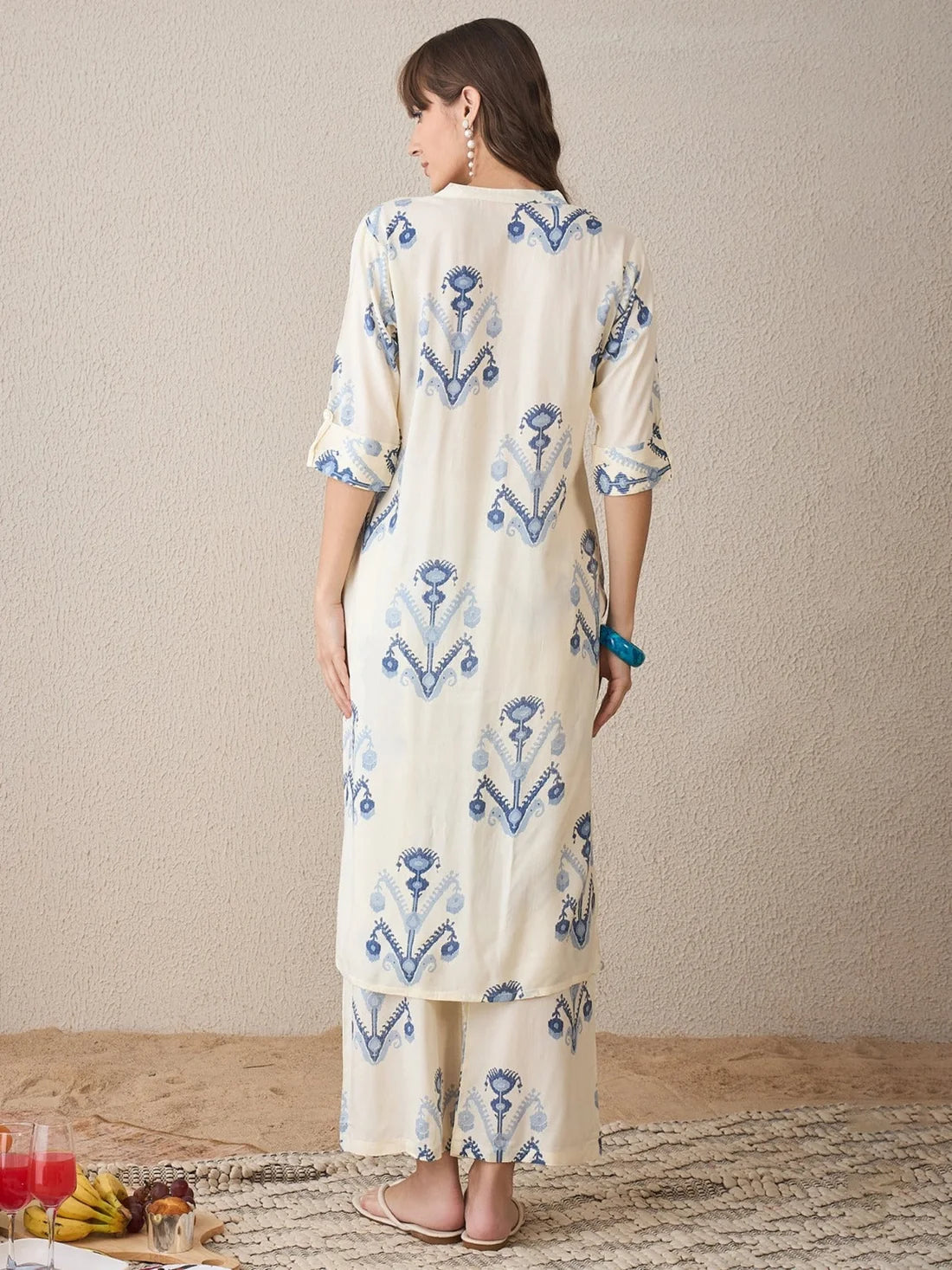 ZYFA Straight Fit Cream Cotton Kurta Pant Set for Women