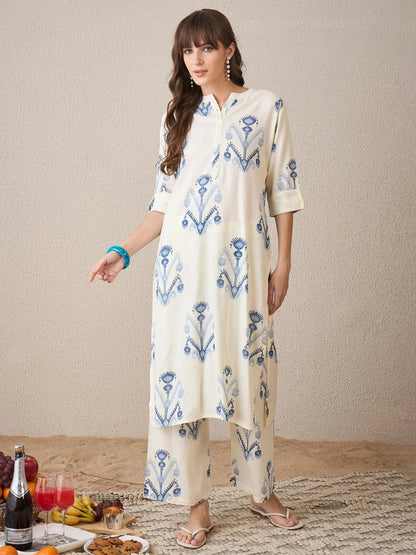ZYFA Straight Fit Cream Cotton Kurta Pant Set for Women