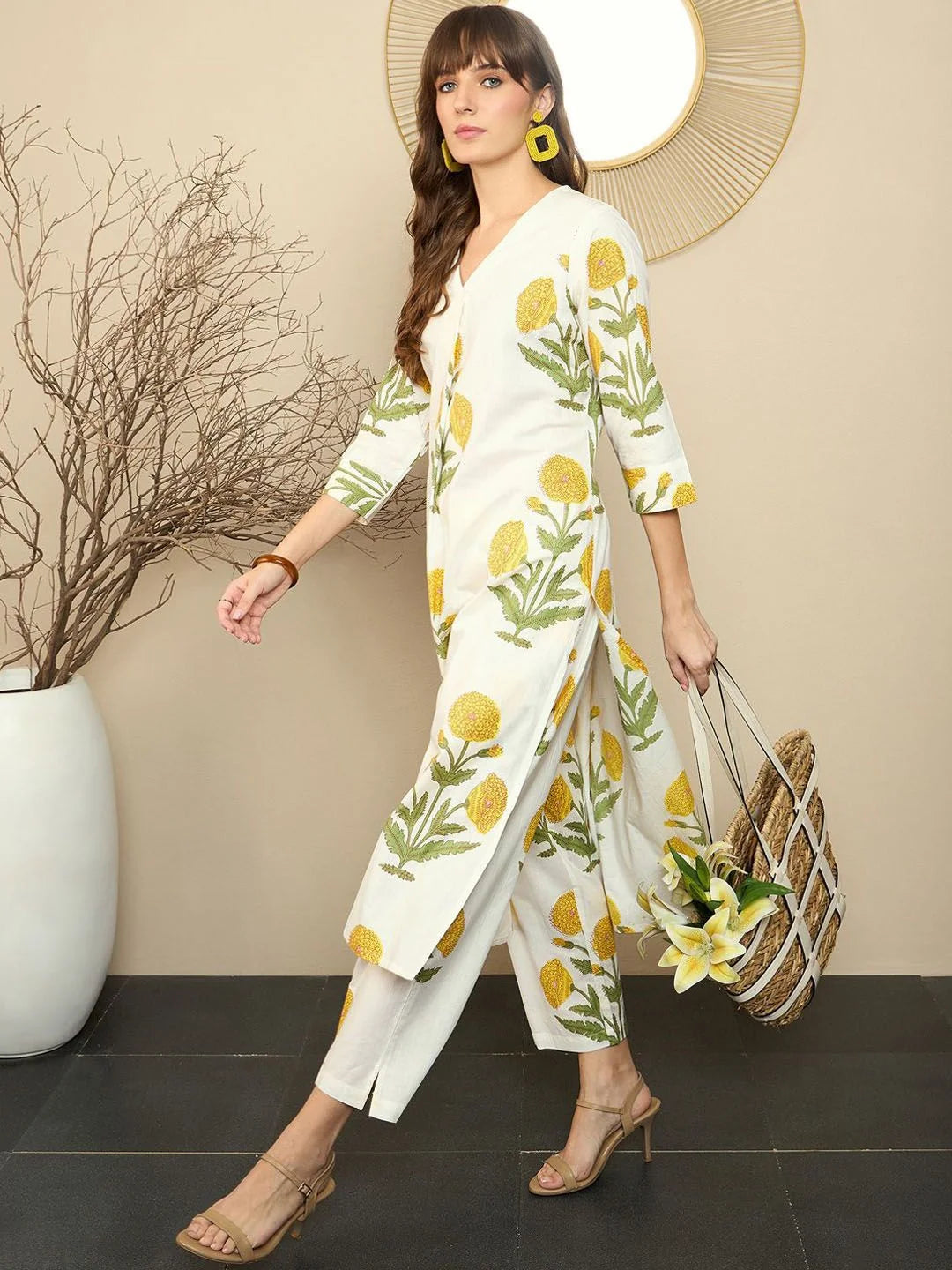 ZYFA Premium Cream Cotton Marigold Print Kurta Set for Women