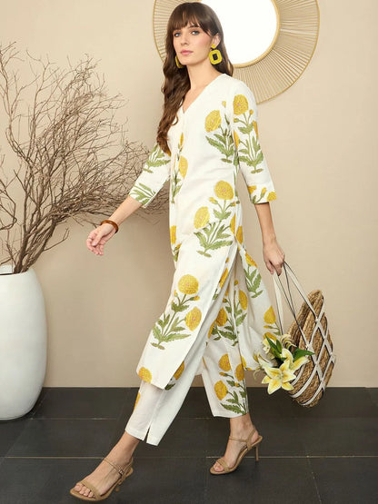 ZYFA Premium Cream Cotton Marigold Print Kurta Set for Women