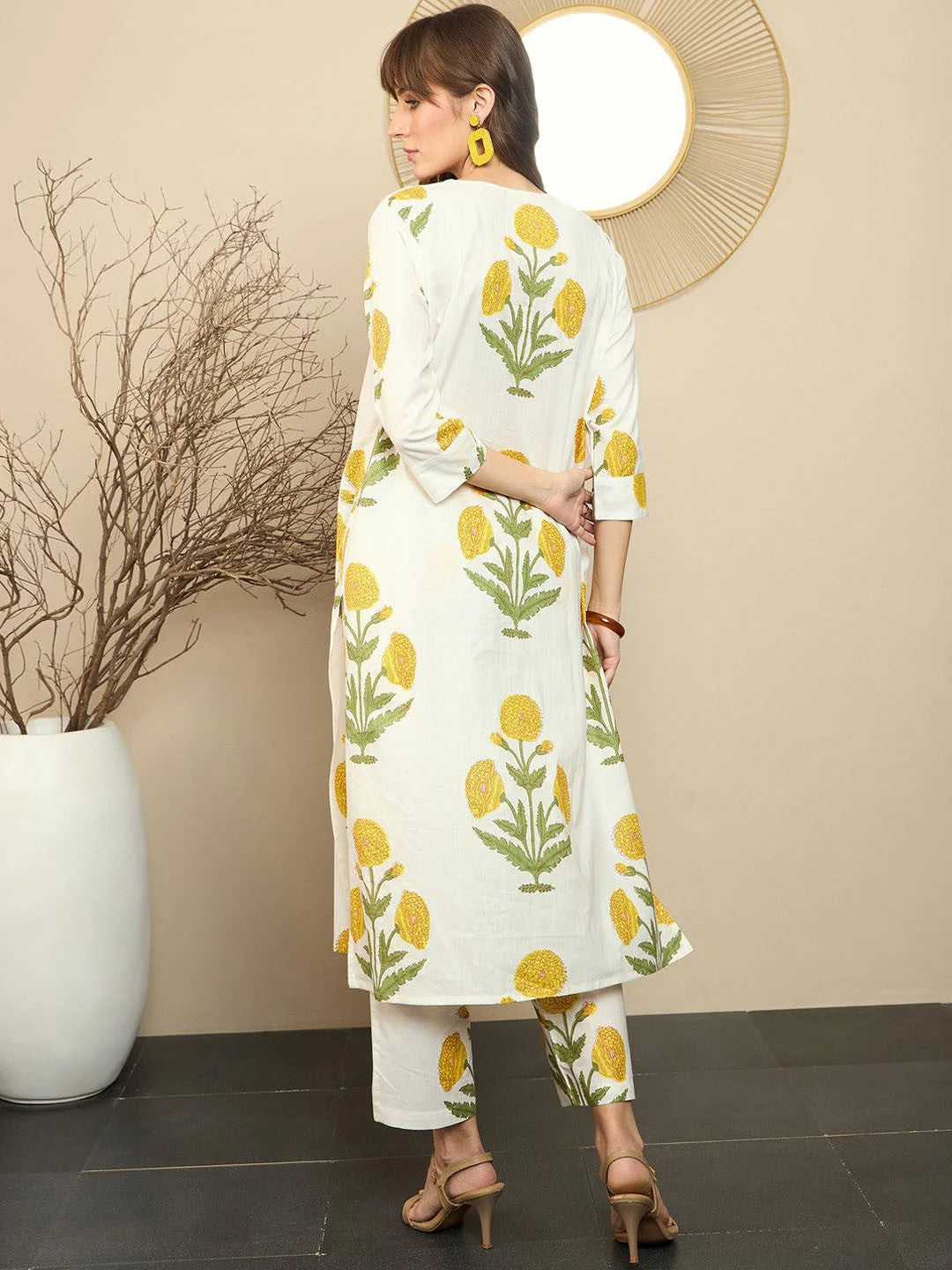 ZYFA Premium Cream Cotton Marigold Print Kurta Set for Women